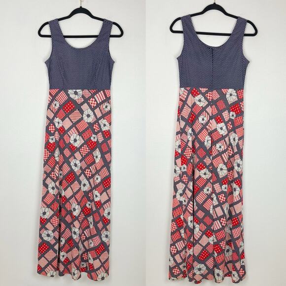 Vintage 70s Maxi Dress Sleeveless Groovy Polka Dot Floral Patchwork Blue Red - Picture 3 of 8